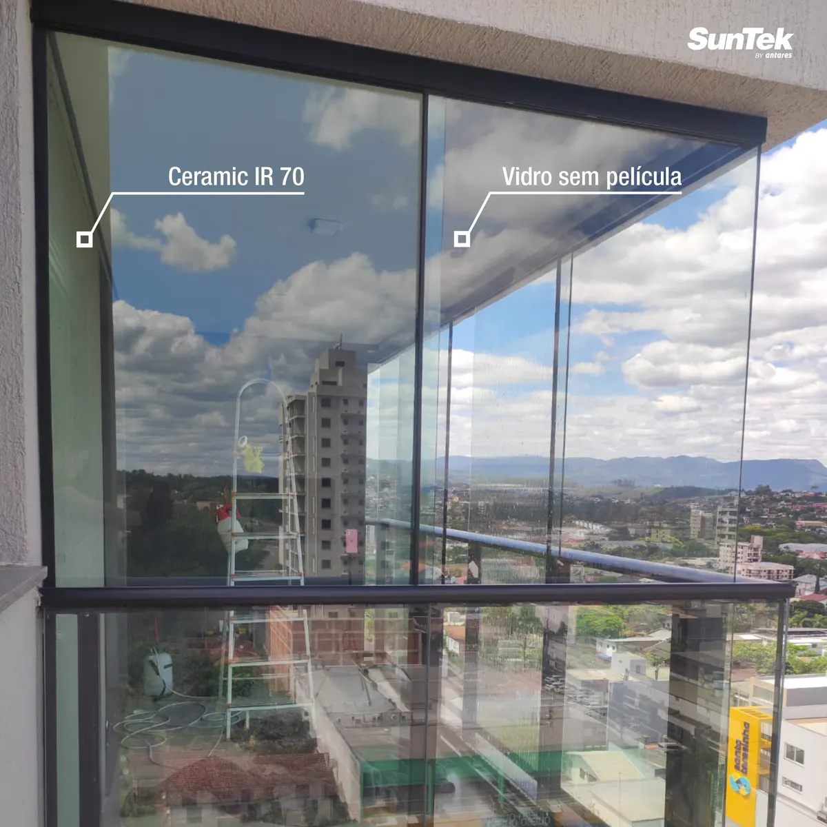 Comparativo Ceramic IR 70: vidro com película e sem película lado a lado